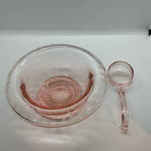 Vitg Pink Depression Glass Footed Bowl, Rolled Rim Floral and Stripes Etch Spoon